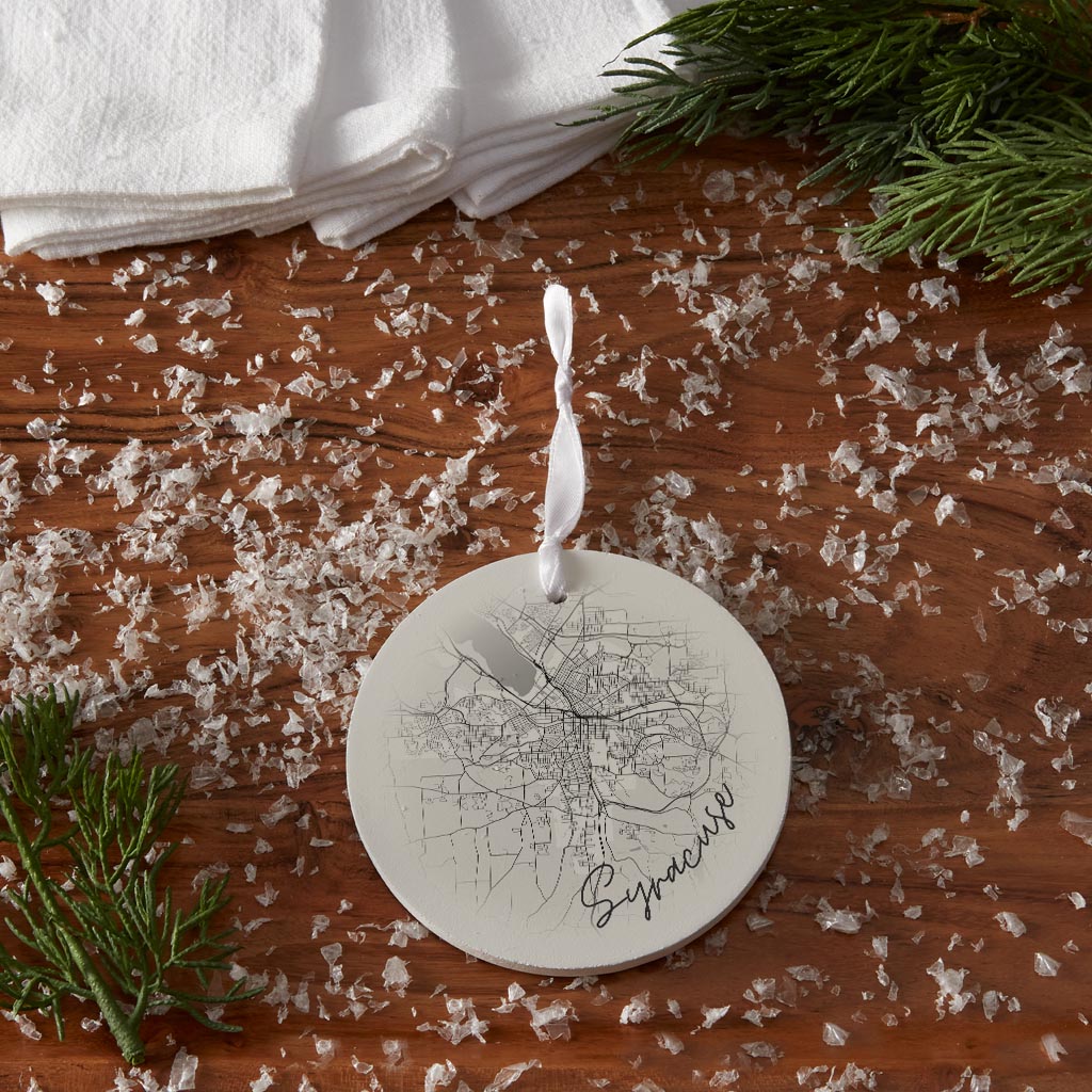 Minimalistic B&W New York Syracuse Faded Circle Map | Wood Ornament | Eaches | Min 6