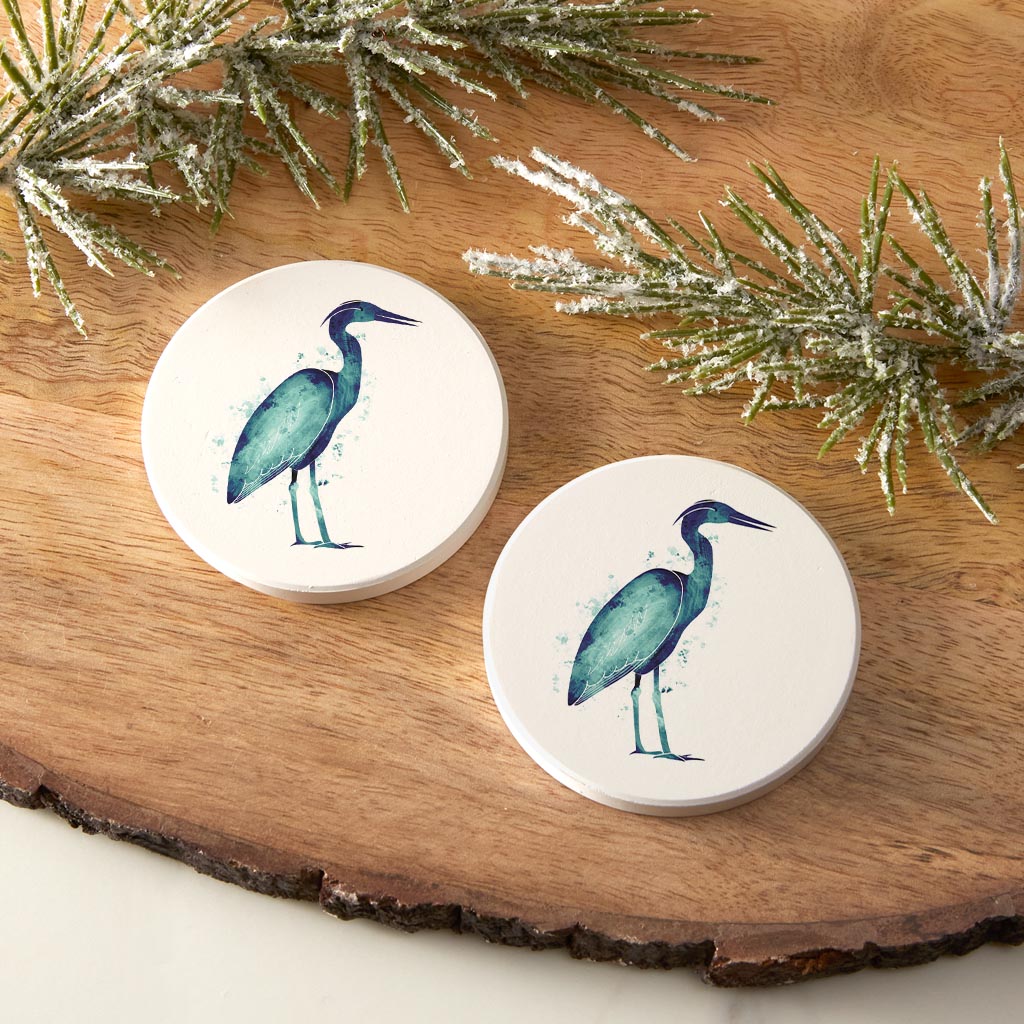 East Coast Water Color Heron | Absorbent Car Coasters | Set of 2 | Min 4