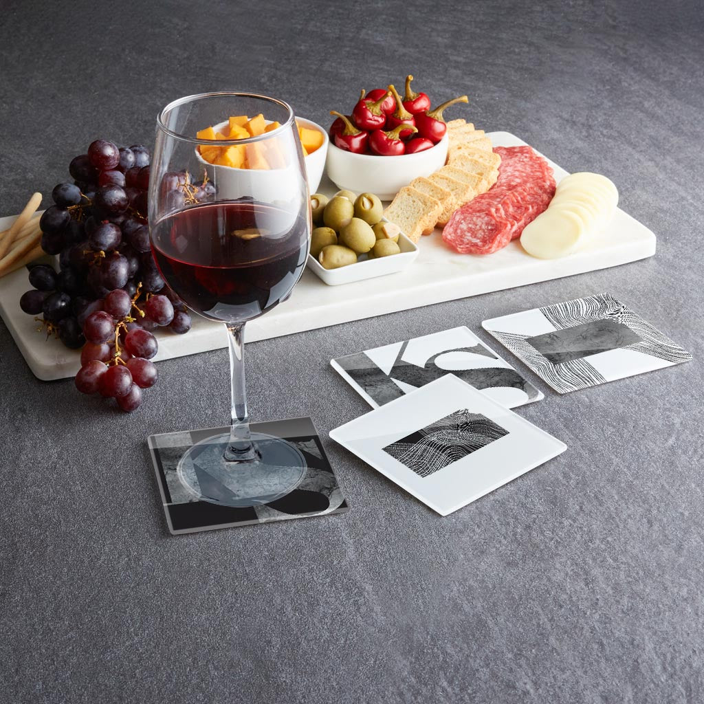 Minimalist B&W Kansas Initials State Shapes| Hi-Def Glass Coasters | Set of 4 | Min 2