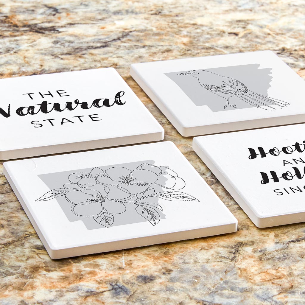 B&W Minimalist Arkansas Line Drawings Sayings| Absorbent Coasters | Set of 4 | Min 2