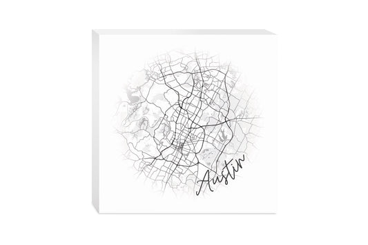 Minimalistic B&W Texas Austin Circle Map | Wood Block | Eaches | Min 2