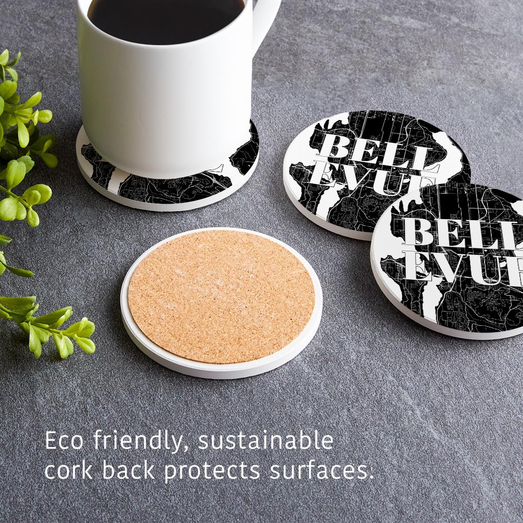 Minimalistic B&W Washington Bellevue Map | Absorbent Coasters | Set of 4 | Min 2