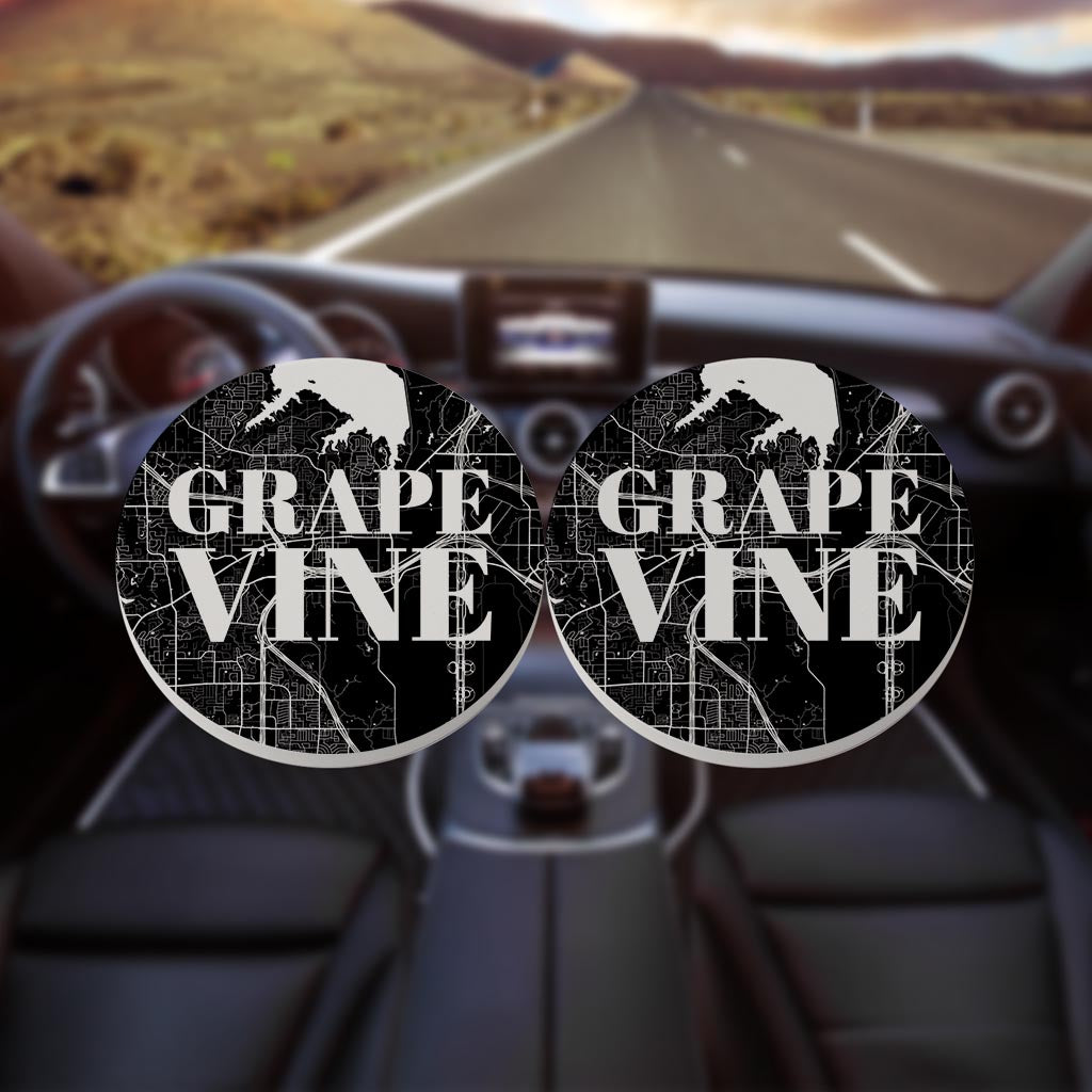 Minimalistic B&W Texas Grapevine Map| Absorbent Car Coasters | Set of 2 | Min 4