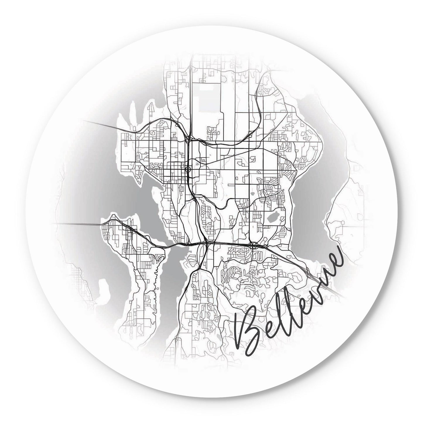 Minimalistic B&W Washington Bellevue Circle Map | Wood Sign | Eaches | Min 1