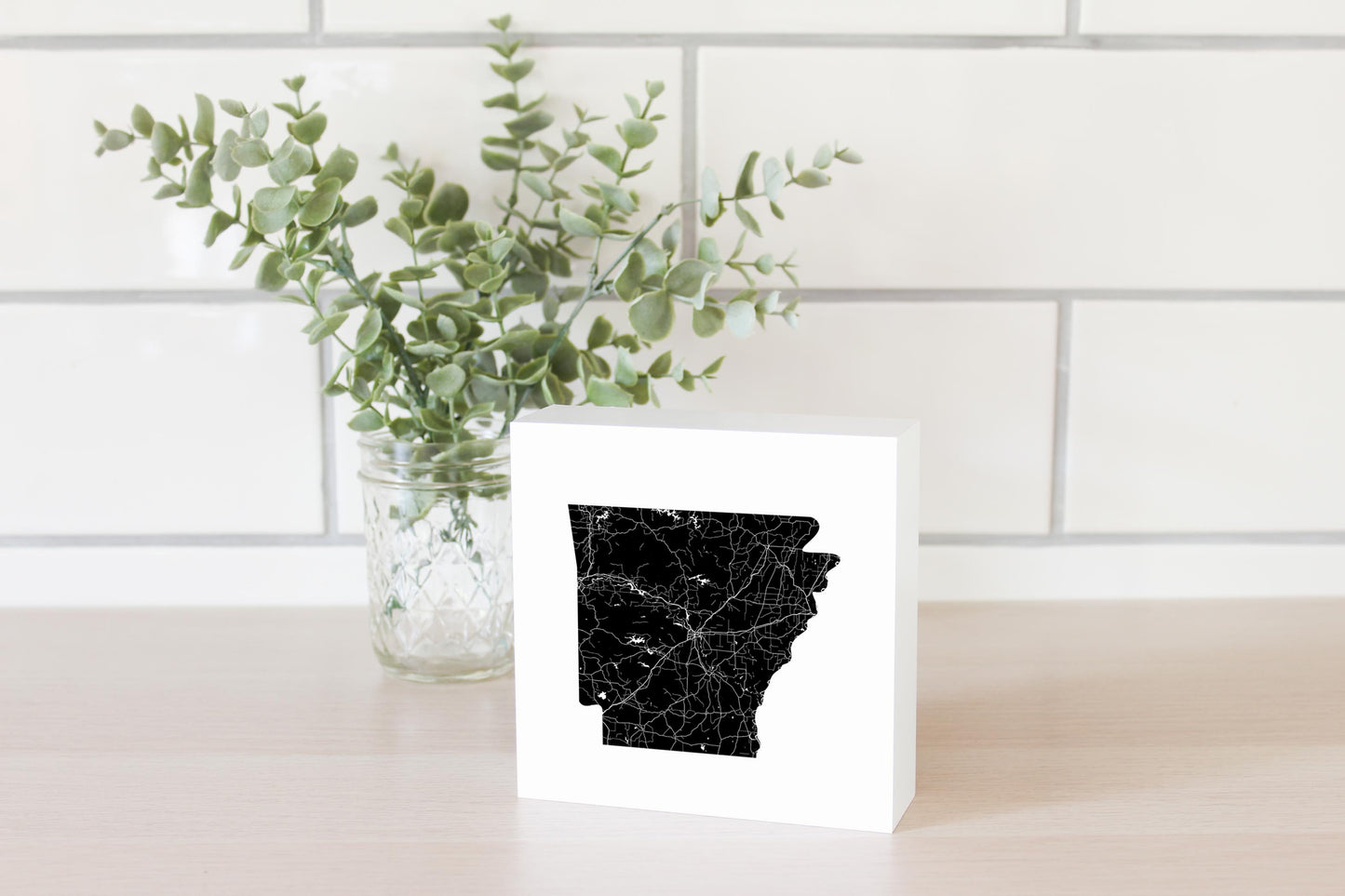 B&W Minimalist Arkansas Map | Wood Block | Eaches | Min 4