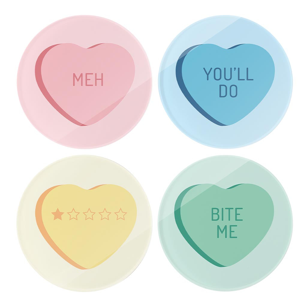 Funny Message Hearts With Sayings | Hi-Def Glass Coasters | Set of 4 | Min 2