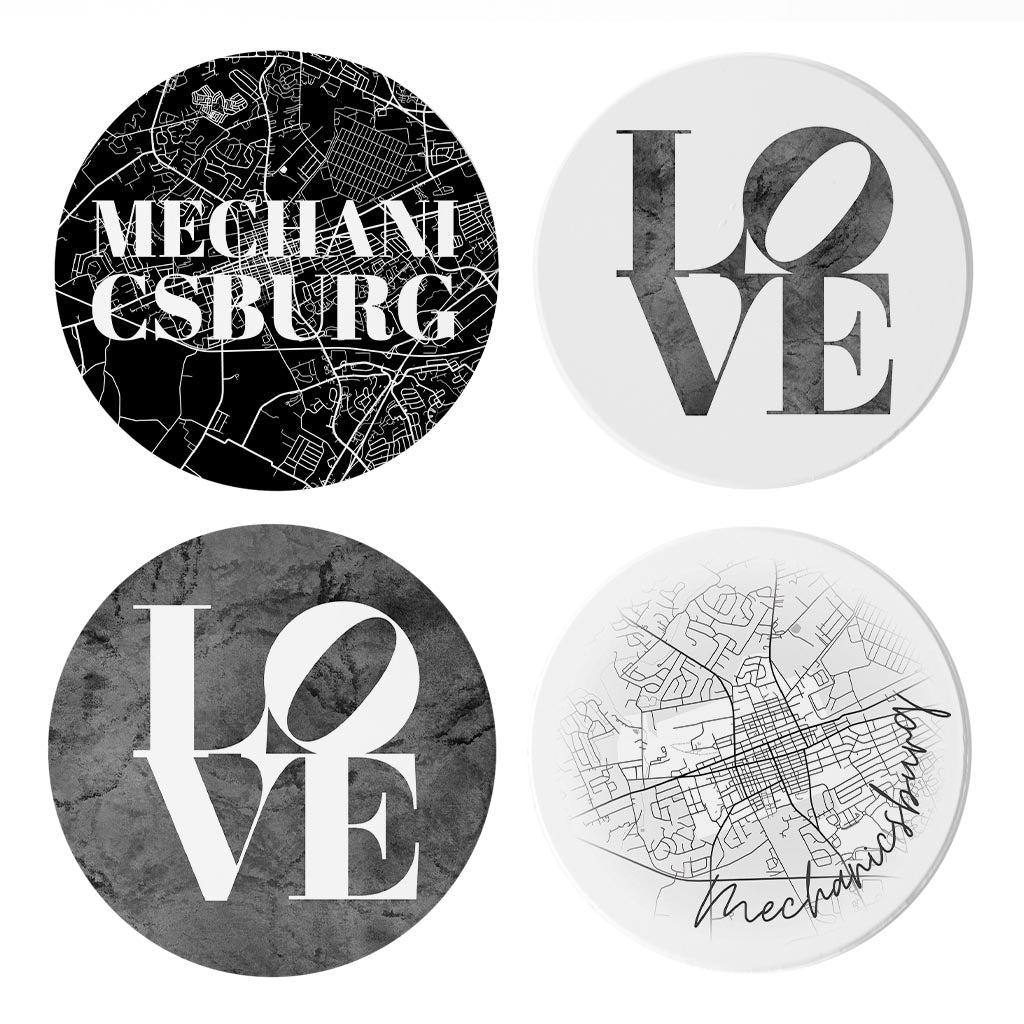 Minimalistic B&W Pennsylvania Mechanicsburg Maps Love| Absorbent Coasters | Set of 4 | Min 2