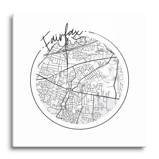 Minimalistic B&W Virginia Fairfax Circle Map | Hi-Def Glass Art | Eaches | Min 1