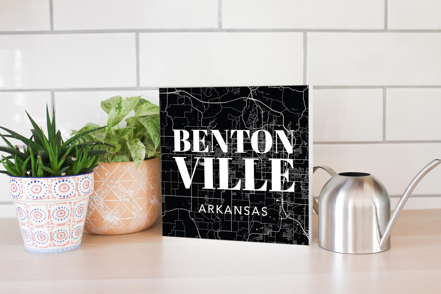 Minimalist B&W Arkansas Bentonville Map State | Wood Block | Eaches | Min 2