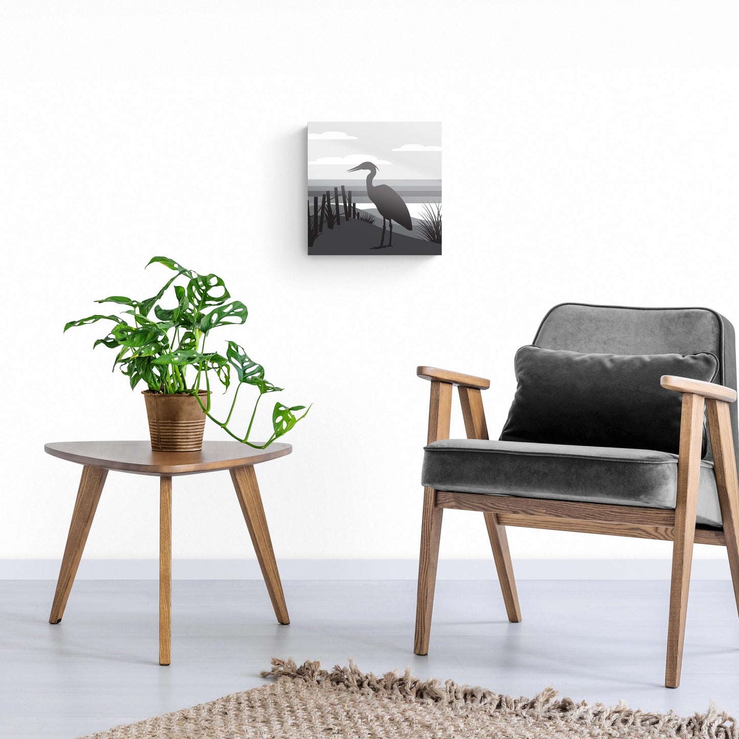 Minimalistic B&W Cape Cod Heron Illustration | Hi-Def Glass Art | Eaches | Min 1