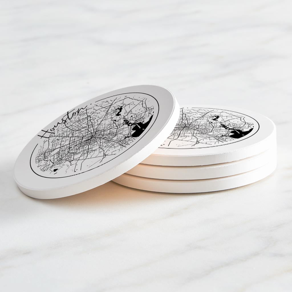 Modern Houston White Round Map | Absorbent Coasters | Set of 4 | Min 2