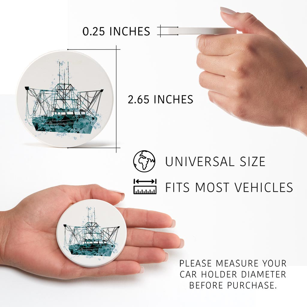 Blue White Water Color Shrimp Boat | Absorbent Car Coasters | Set of 2 | Min 4