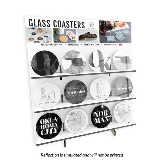 Modern Black & White Oklahoma Circle Glass Coaster Loaded Display POP Min of 1