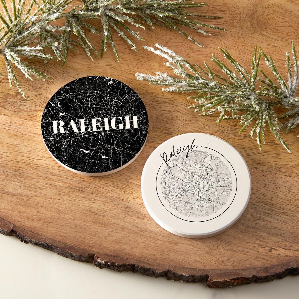 Minimalistic B&W North Carolina Raleigh Maps | Absorbent Car Coasters | Set of 2 | Min 4