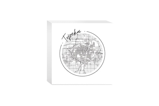 Minimalist B&W Kansas Topeka Circle Map | Wood Block | Eaches | Min 4