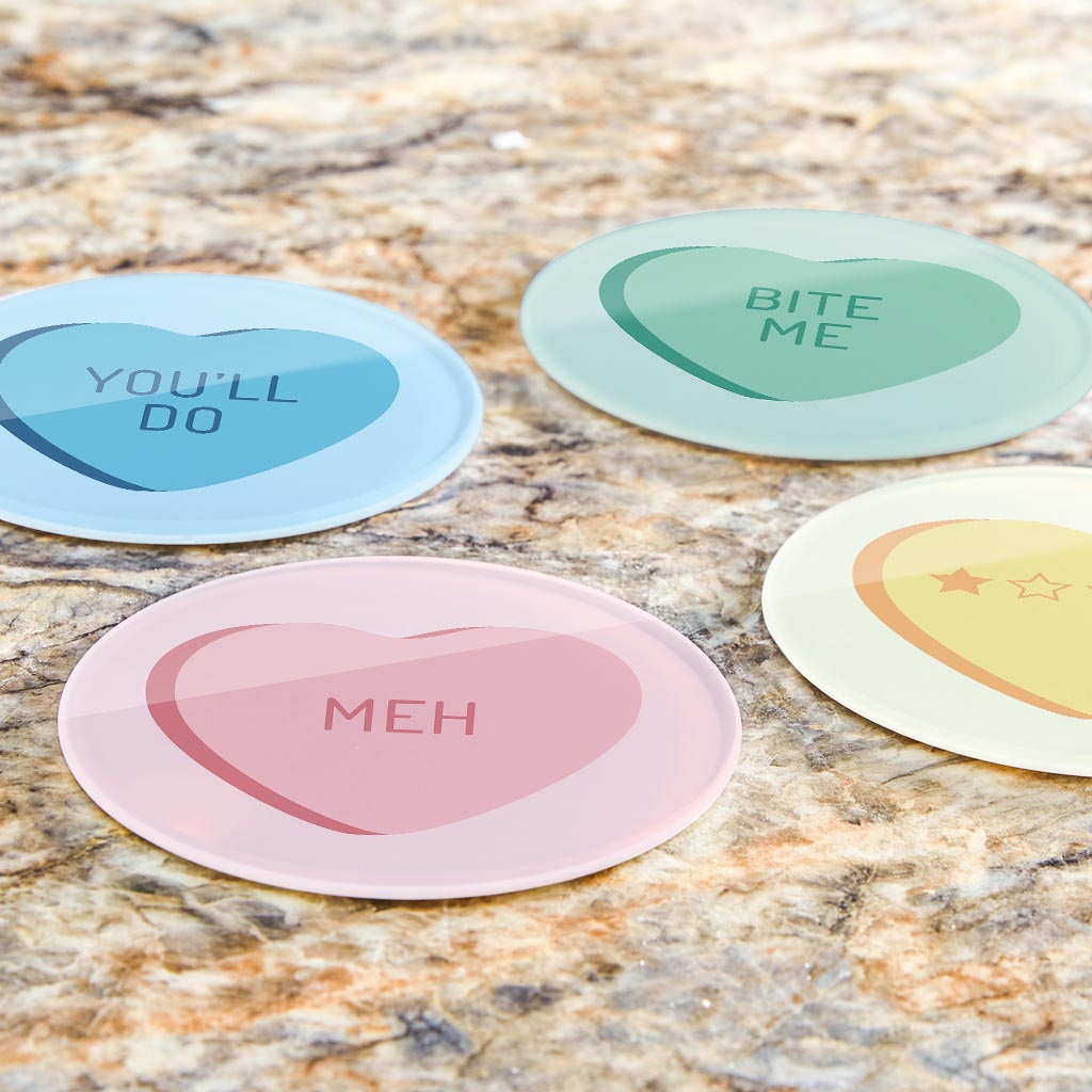 Funny Message Hearts With Sayings | Hi-Def Glass Coasters | Set of 4 | Min 2