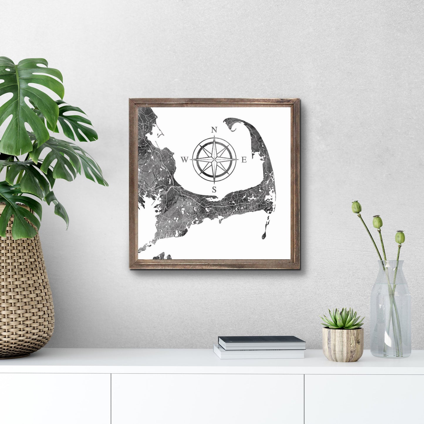 Minimalistic B&W Cape Cod Map With Compass | Wood Sign | Eaches | Min 1