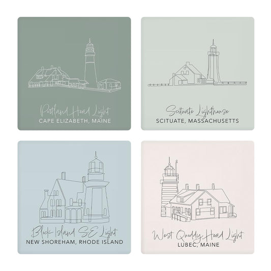 New England Lighthouses Muted Coastal | Absorbent Coasters | Set of 4 | Min 2