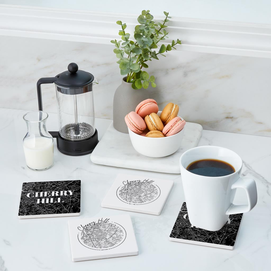 Minimalistic B&W New Jersey Cherry Hill Maps | Absorbent Coasters | Set of 4 | Min 2
