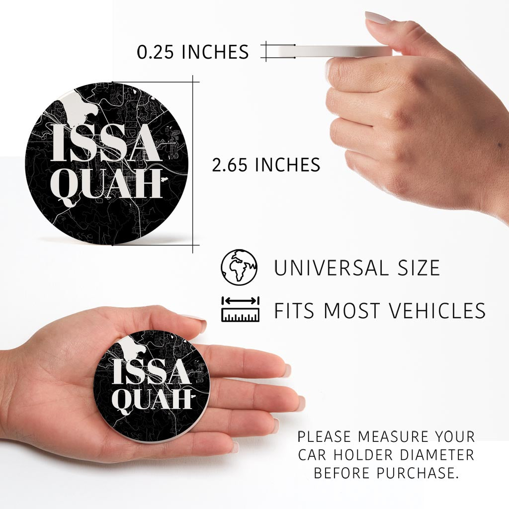 Minimalistic B&W Washington Issaquah Map | Absorbent Car Coasters | Set of 2 | Min 4
