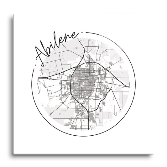 Minimalist B&W Texas Abilene Circle Map | Hi-Def Glass Art | Eaches | Min 1