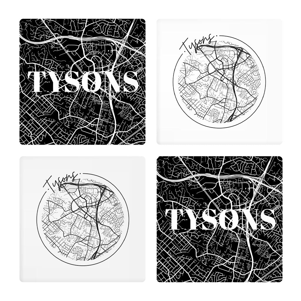 Minimalistic B&W Virginia Tysons Maps | Absorbent Coasters | Set of 4 | Min 2