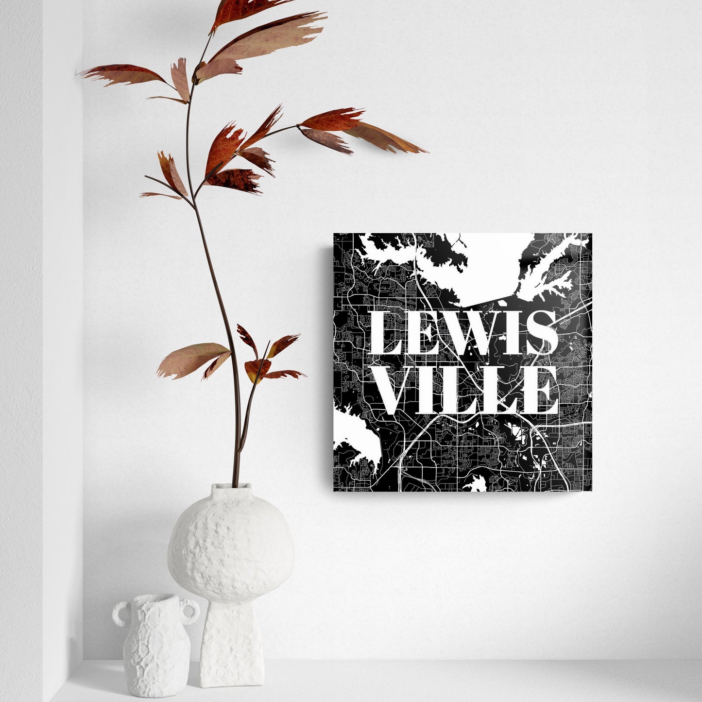 Minimalistic B&W Texas Lewisville Map | Hi-Def Glass Art | Eaches | Min 2