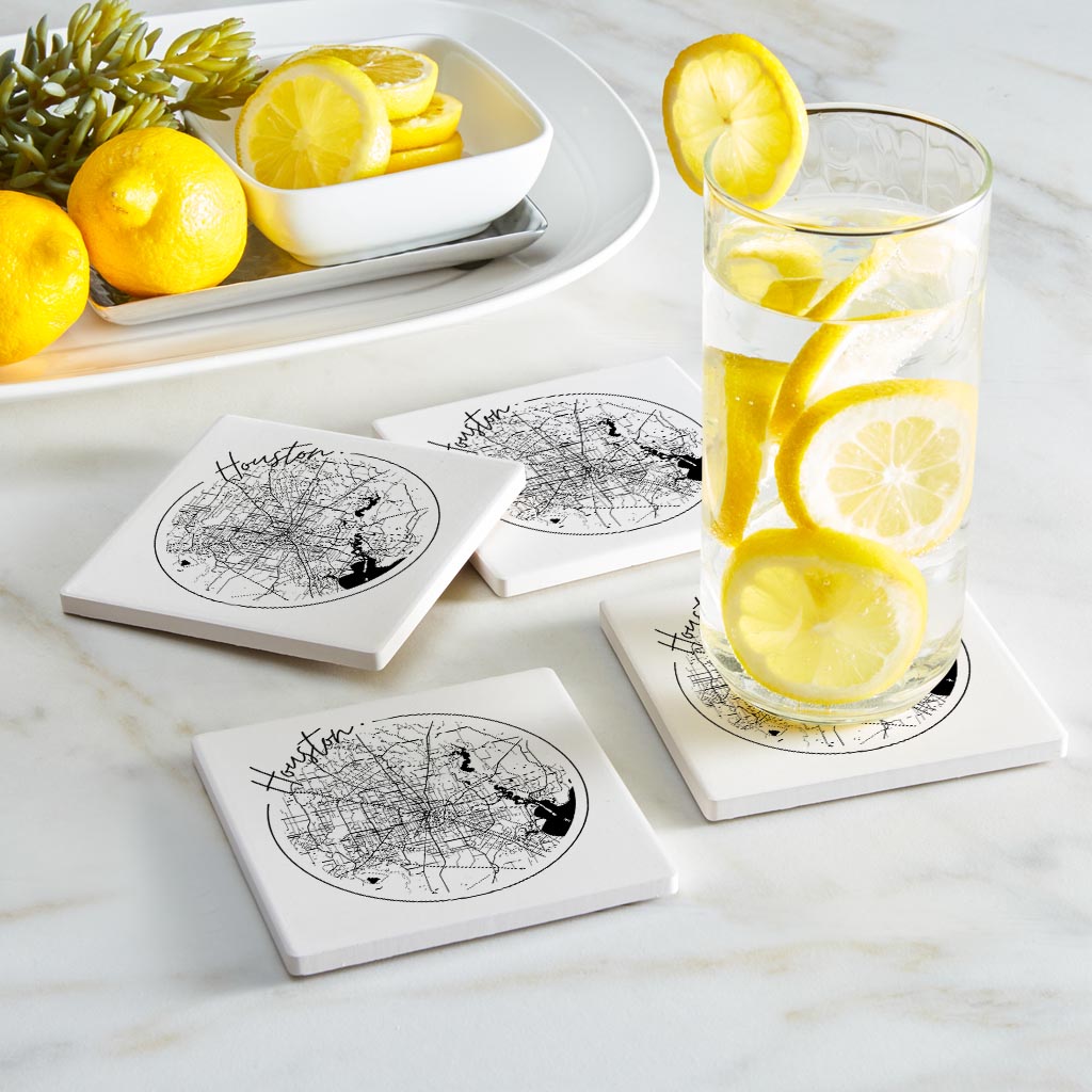 Modern Houston White Round Map | Absorbent Coasters | Set of 4 | Min 2