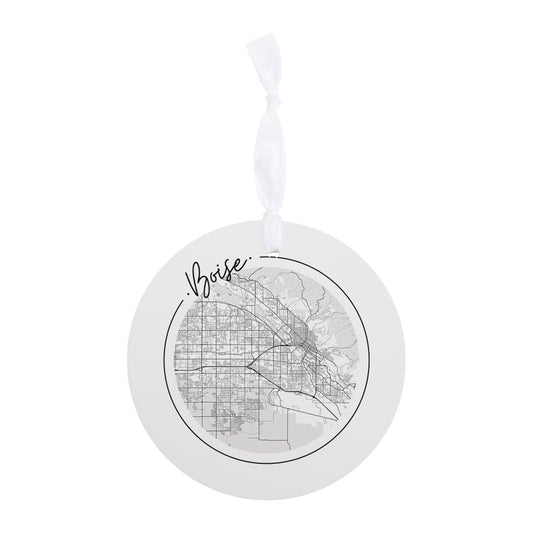Minimalist B&W Idaho Boise Circle Map | Wood Ornament | Eaches | Min 6