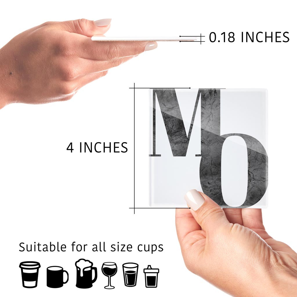 Minimalist B&W Missouri White Initials | Hi-Def Glass Coasters | Set of 4 | Min 2