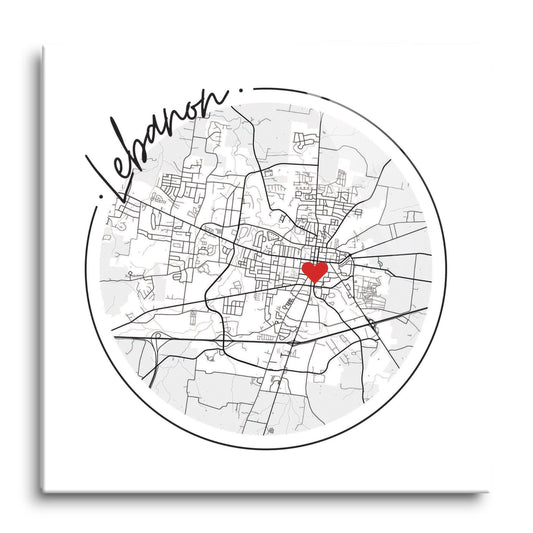 Minimalist B&W Tennessee Lebanon Circle Map Heart | Hi-Def Glass Art | Eaches | Min 1