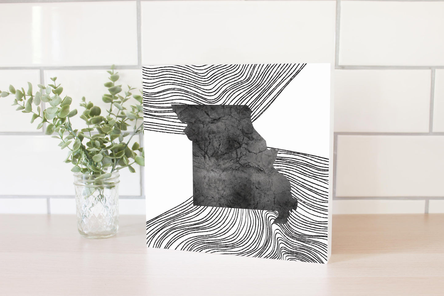 Minimalist B&W Missouri State With Fluid Lines | Wood Block | Eaches | Min 2