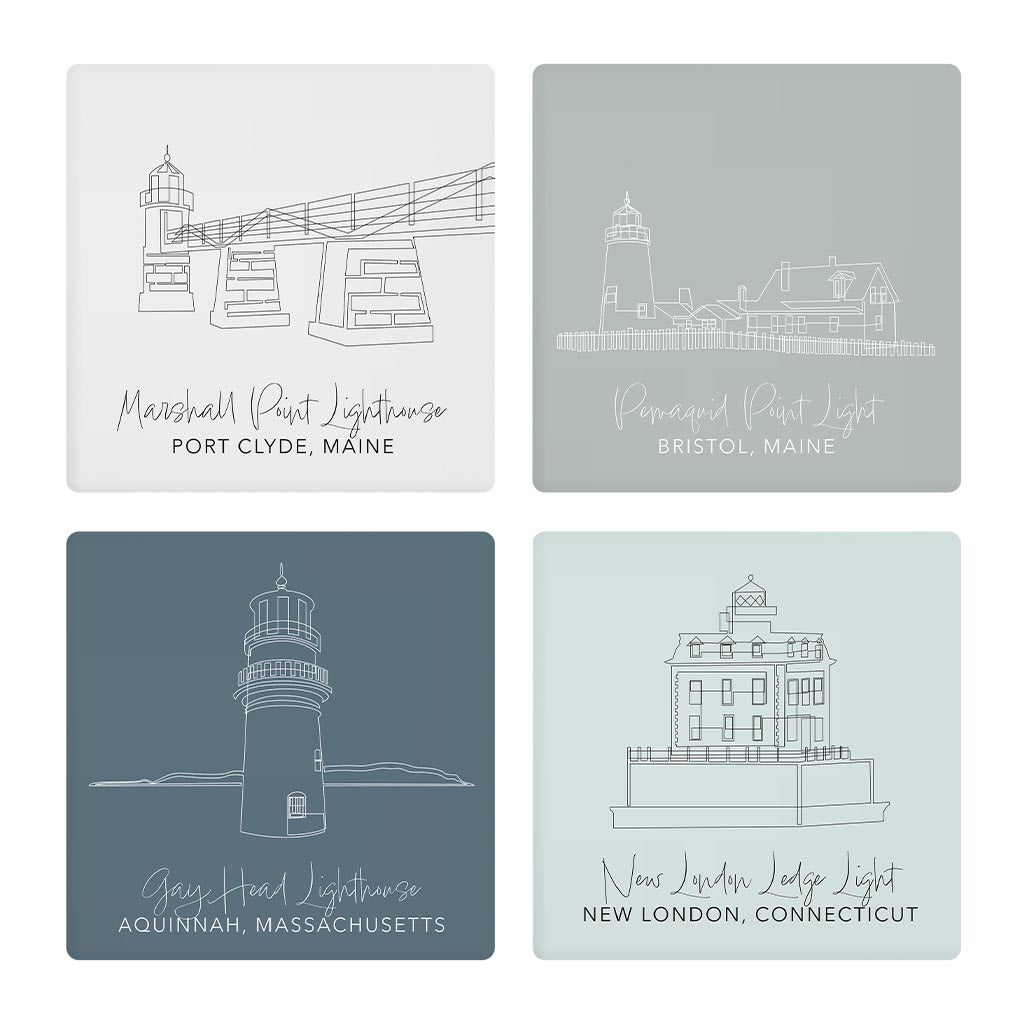 New England Lighthouses Muted Coastal | Absorbent Coasters | Set of 4 | Min 2