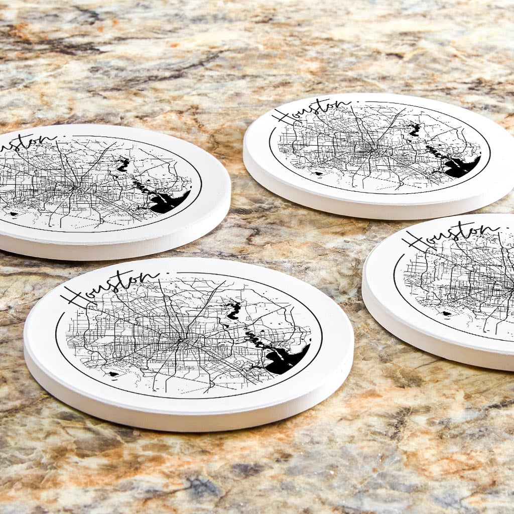 Modern Houston White Round Map | Absorbent Coasters | Set of 4 | Min 2