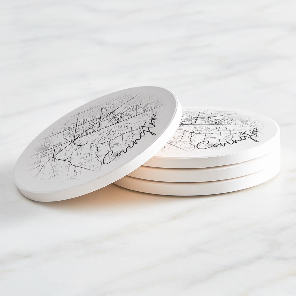 Minimalistic B&W Washington Covington Circle Map | Absorbent Coasters | Set of 4 | Min 2