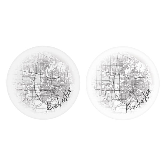 Minimalistic B&W New York Rochester Faded Circle Map | Absorbent Car Coasters | Set of 2 | Min 4