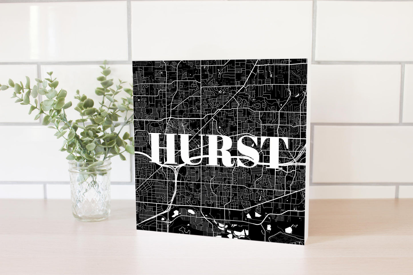 Minimalistic B&W Texas Hurst Map | Wood Block | Eaches | Min 2