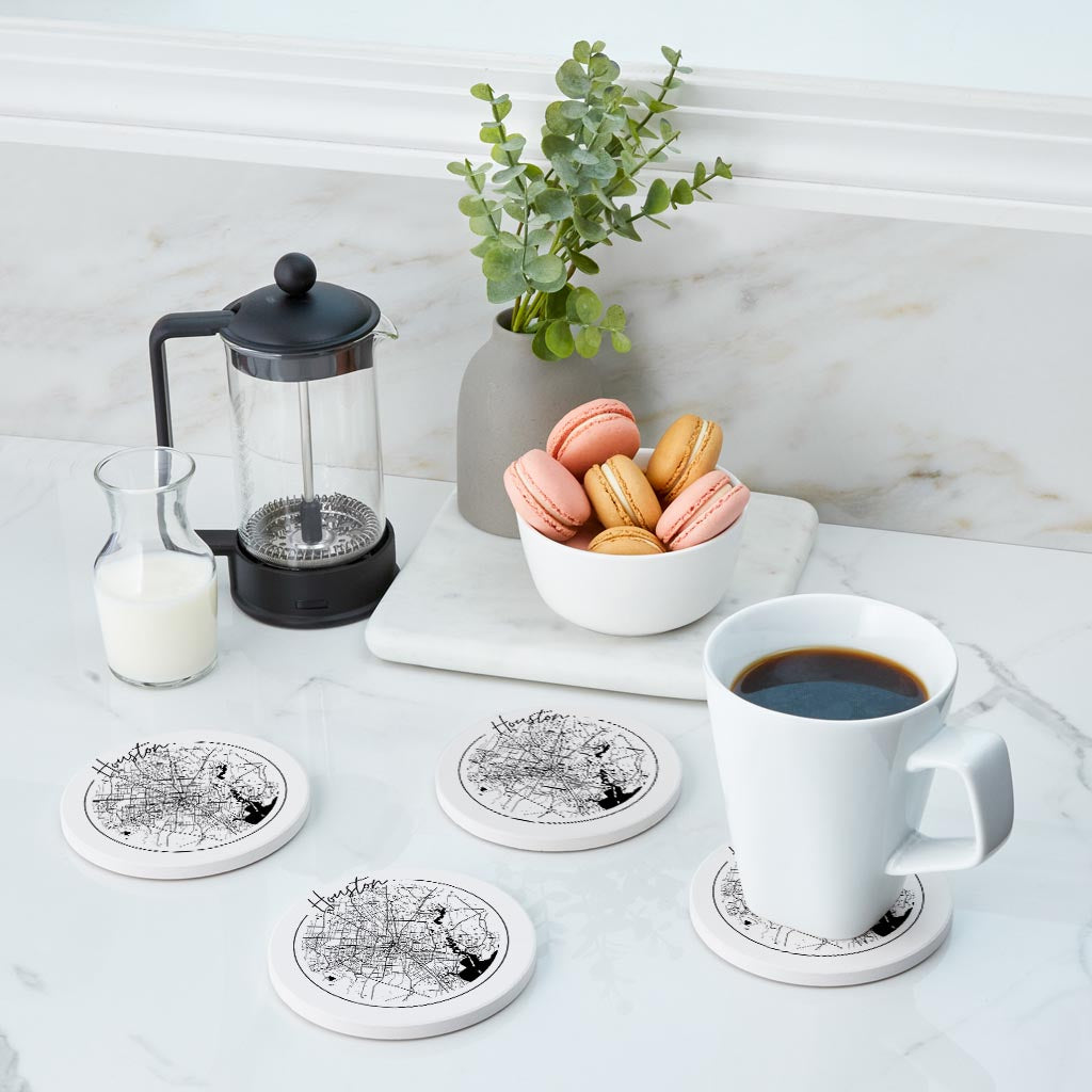 Modern Houston White Round Map | Absorbent Coasters | Set of 4 | Min 2