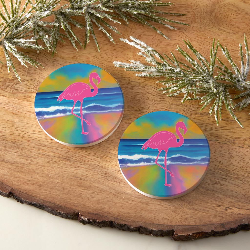 Florida Pink Flamingo Icon | Absorbent Car Coasters | Set of 2 | Min 4