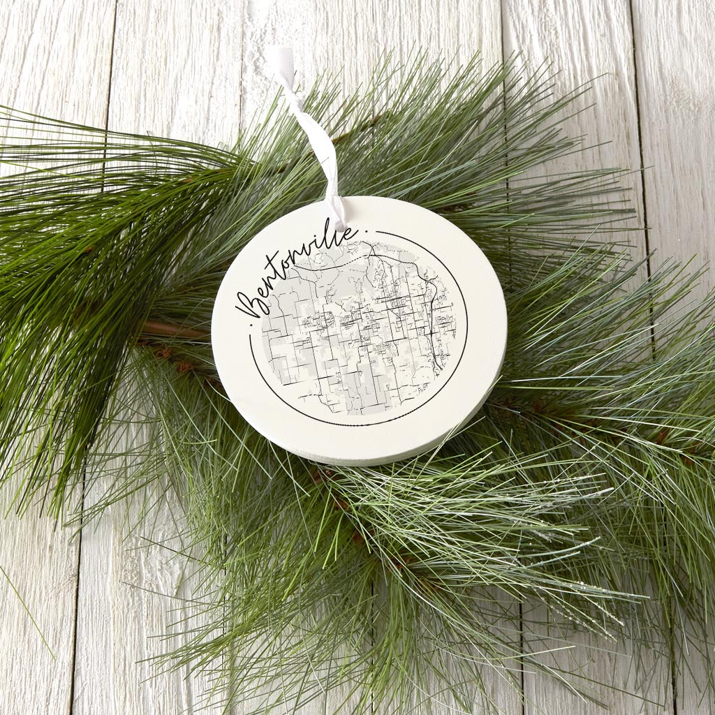 Minimalist B&W Arkansas Bentonville Circle Map | Wood Ornament | Eaches | Min 6