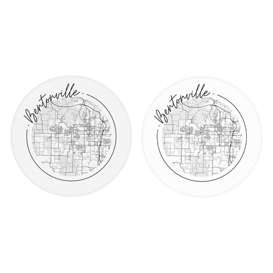 Minimalist B&W Arkansas Bentonville Circle Map | Absorbent Car Coasters | Set of 2 | Min 4