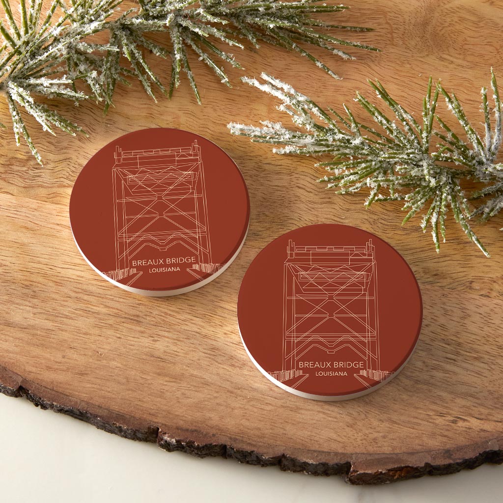 Modern Minimalist Louisiana Breaux Bridge Drawing | Absorbent Car Coasters | Set of 2 | Min 4