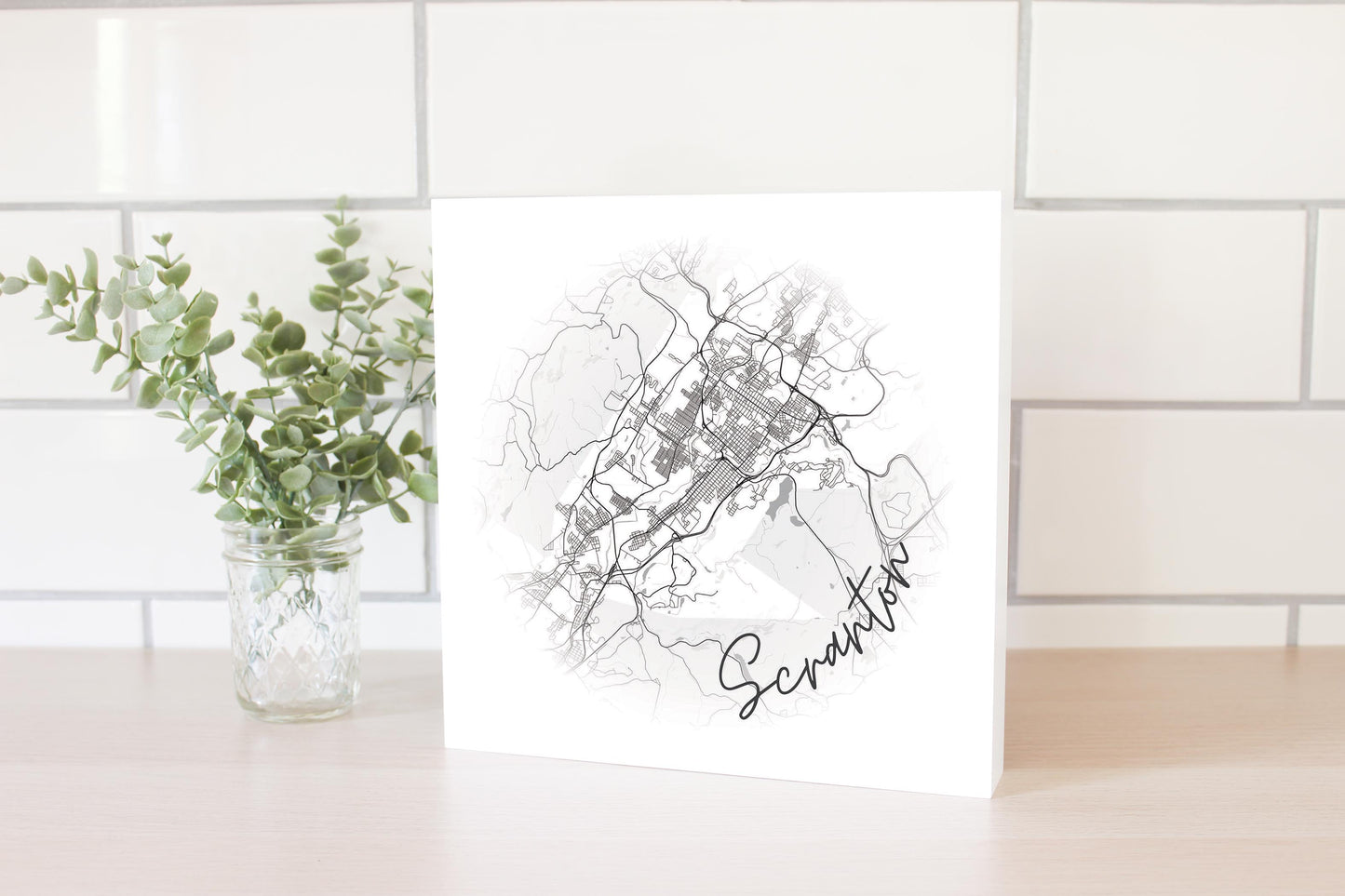 Minimalistic B&W Pennsylvania Scranton Circle Map | Wood Block | Eaches | Min 2