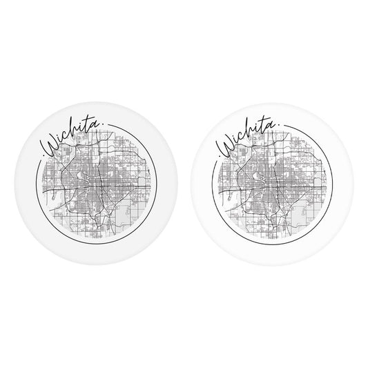 Minimalist B&W Kansas Wichita Circle Map | Absorbent Car Coasters | Set of 2 | Min 4