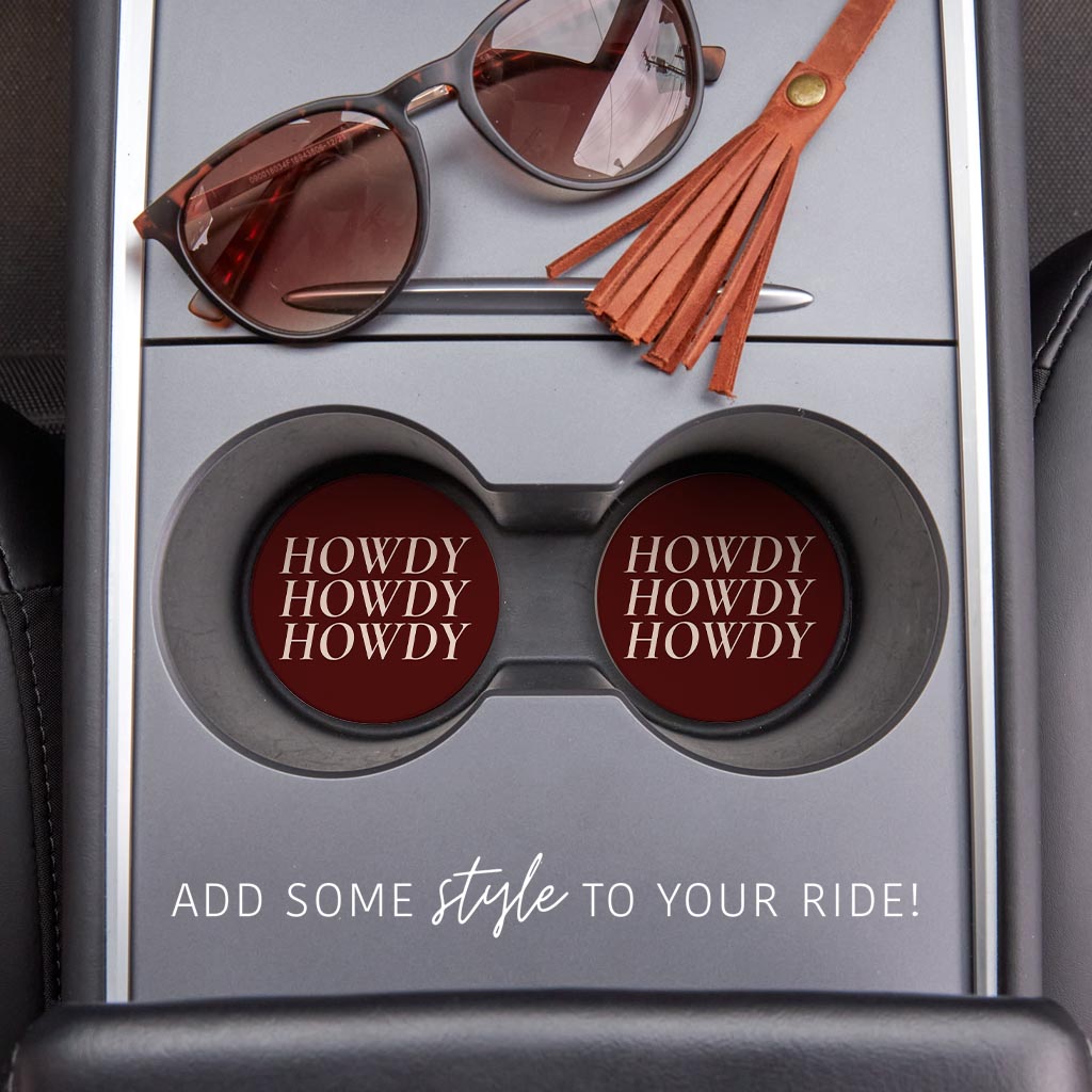 Modern Minimalist Texas Maroon Howdy | Absorbent Car Coasters | Set of 2 | Min 4