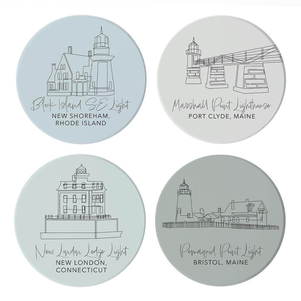 New England Lighthouses Muted Coastal | Absorbent Coasters | Set of 4 | Min 2