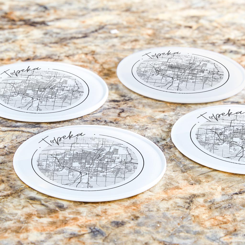 Minimalist B&W Kansas Topeka Circle Map | Hi-Def Glass Coasters | Set of 4 | Min 2