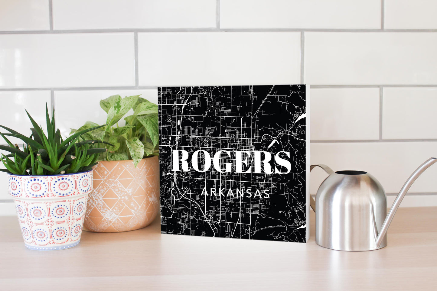 Minimalist B&W Arkansas Rogers Map State | Wood Block | Eaches | Min 2