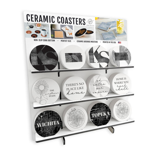 Minimalist B&W Kansas Circle Ceramic Coaster Loaded Display POP Min of 1