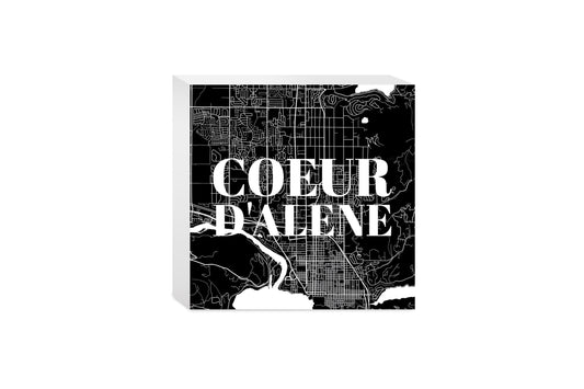 Minimalist B&W Idaho Coeur Dalene Map | Wood Block | Eaches | Min 4